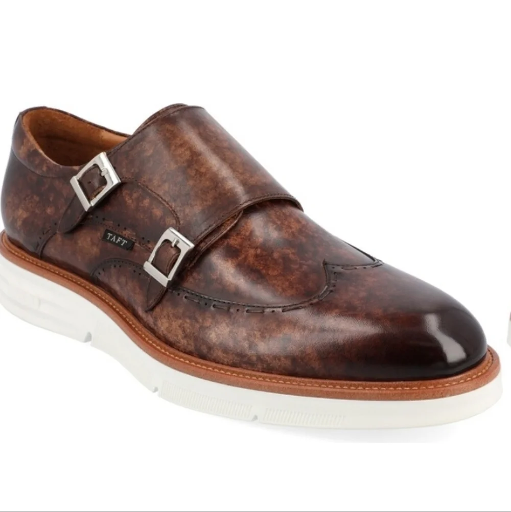 TAFT 365 Model 105 Brown Espresso Leather Double Monk Strap Shoes Mens Size 8.5